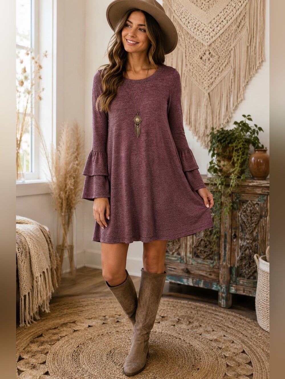 LOFT‎ Mauve Ruffle Sleeve Swing Dress Boho Knit Tunic Small